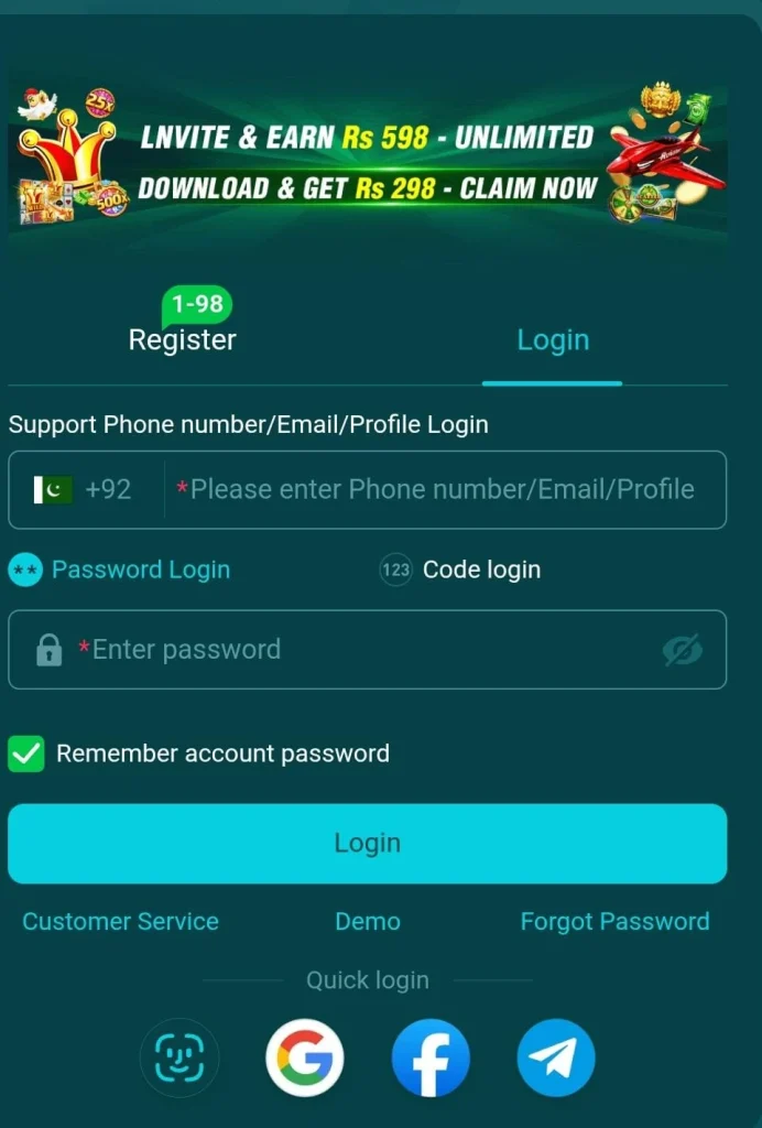 login your game account on HH98 Game APP